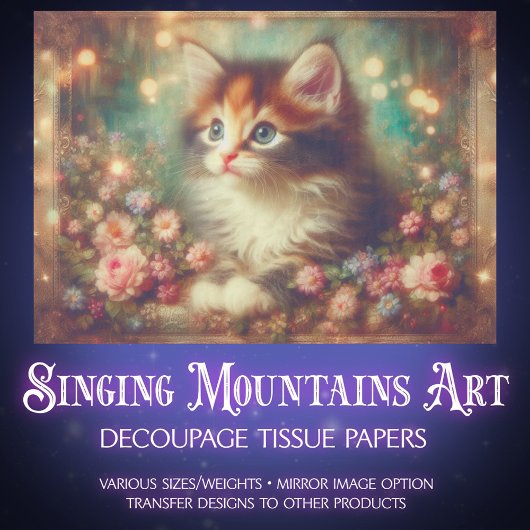 Whimsical Shabby Chic Floral Calico Cat Decoupage Seidenpapier