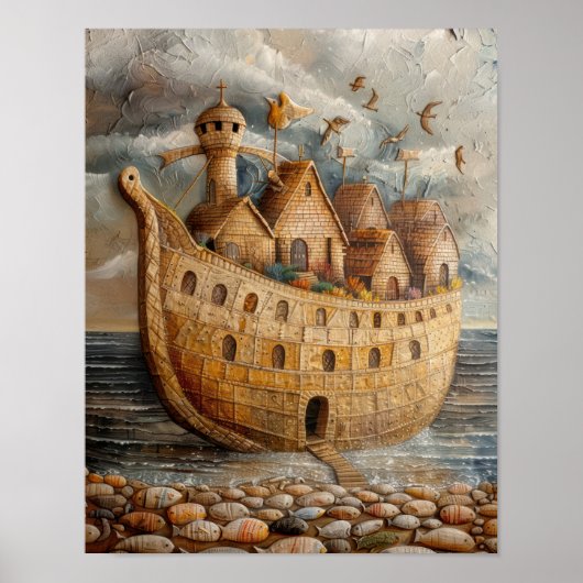 Whimsical Ship Folk Art Ölgemälde Poster (Vorne)