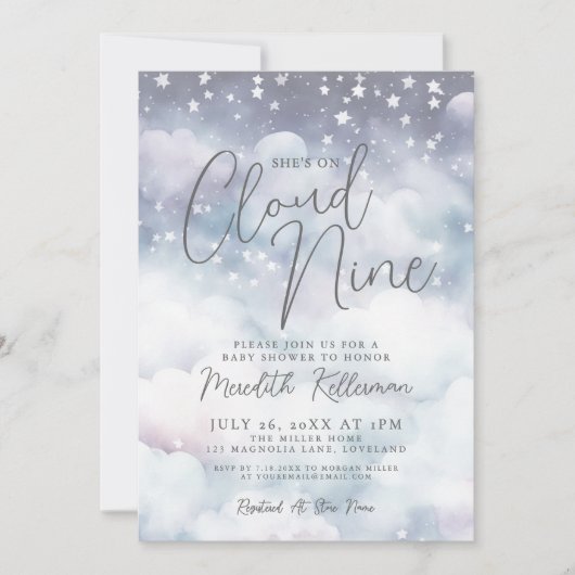 Whimsical sie ist auf Cloud Nine Baby Dusche Einladung (Vorderseite)