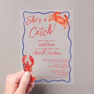 Whimsical Sie ist ein Catch Red Coastal Brautparty Acryleinladungen