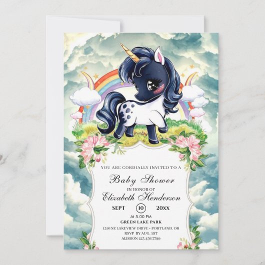Whimsical Simple Black Unicorn Baby Dusche Einladung (Vorderseite)