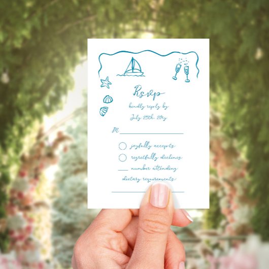 Whimsical Simple Hand Drawn Blue Beach Thema RSVP Karte