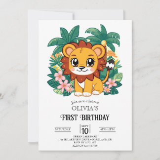 Whimsical Simple Lion 1. Geburtstag digital Einladung
