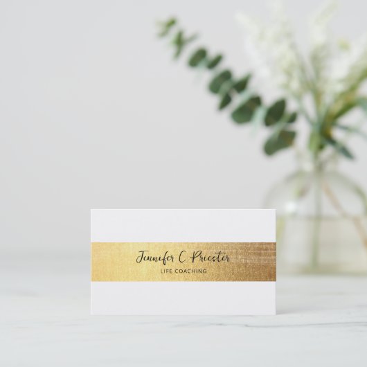 Whimsical Simple White & Gold Strip Schwarzer Text Visitenkarte (Stehend Vorderseite)