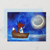 Whimsical Singfox Art Boat Blue Kids Niedlich Postkarte (Vorne/Hinten)