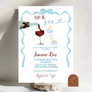 Whimsical Sip and See Blue Boy Baby Dusche Einladung