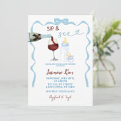 Whimsical Sip and See Blue Boy Baby Dusche Einladung (Stehend Vorderseite)