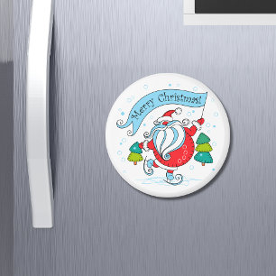 Whimsical Skaten Santa Claus   Frohe Weihnachten Magnet