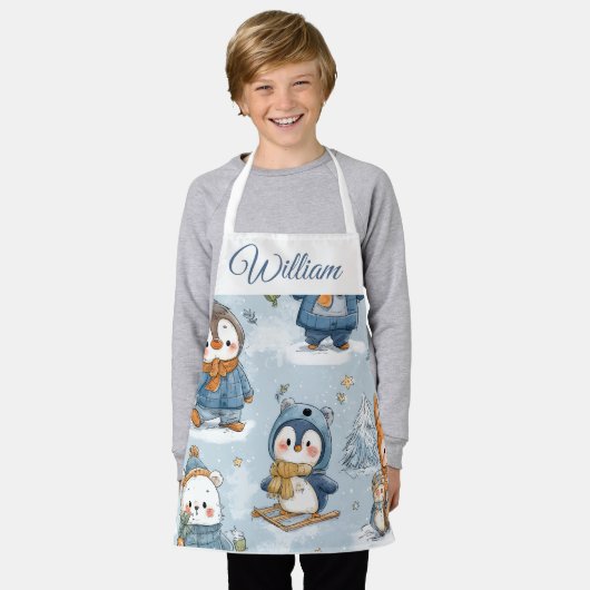Whimsical Skating Penguins Kids Apron | Custom Nam Schürze (Getragen)