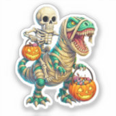 Whimsical Skeleton Riding Mummy T-Rex Halloween Aufkleber (Vorderseite)