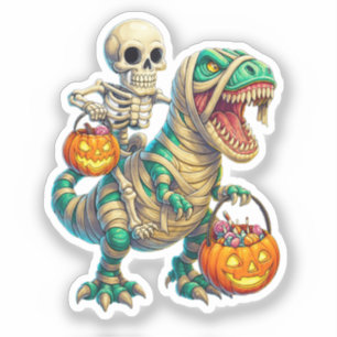 Whimsical Skeleton Riding Mummy T-Rex Halloween Aufkleber