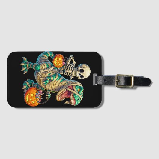 Whimsical Skeleton Riding Mummy T-Rex Halloween Gepäckanhänger (Vorderseite (Horizontal))