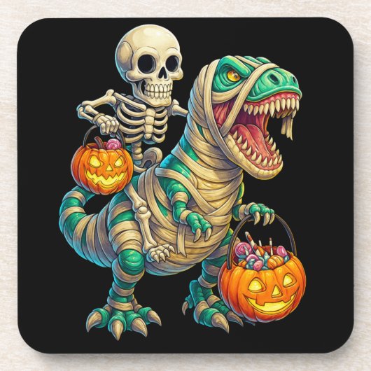 Whimsical Skeleton Riding Mummy T-Rex Halloween Getränkeuntersetzer (Vorderseite)