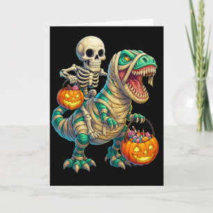 Whimsical Skeleton Riding Mummy T-Rex Halloween Karte