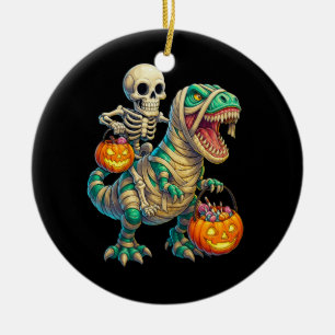 Whimsical Skeleton Riding Mummy T-Rex Halloween Keramik Ornament