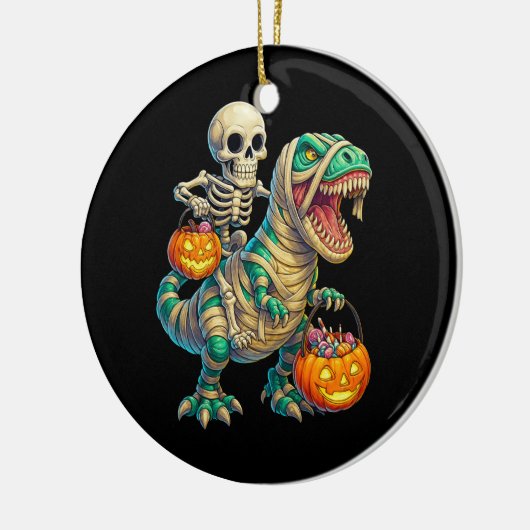 Whimsical Skeleton Riding Mummy T-Rex Halloween Keramik Ornament (Links)