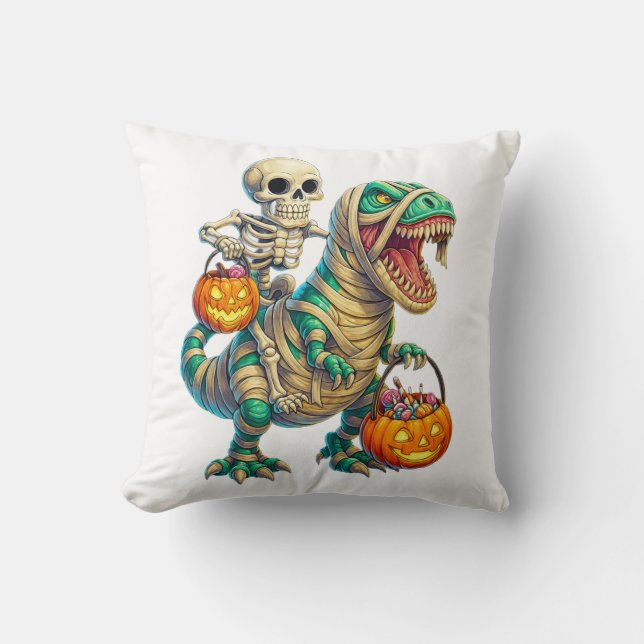 Whimsical Skeleton Riding Mummy T-Rex Halloween Kissen (Vorderseite)