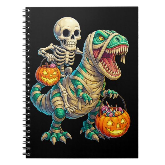 Whimsical Skeleton Riding Mummy T-Rex Halloween Notizblock (Vorderseite)