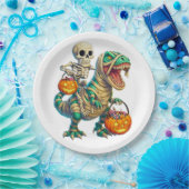 Whimsical Skeleton Riding Mummy T-Rex Halloween Pappteller (Party)