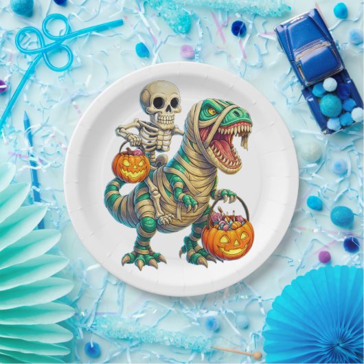 Whimsical Skeleton Riding Mummy T-Rex Halloween Pappteller (Party)