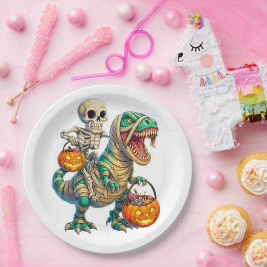 Whimsical Skeleton Riding Mummy T-Rex Halloween Pappteller (Party)