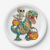 Whimsical Skeleton Riding Mummy T-Rex Halloween Pappteller (Vorderseite)