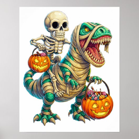 Whimsical Skeleton Riding Mummy T-Rex Halloween Poster (Vorne)