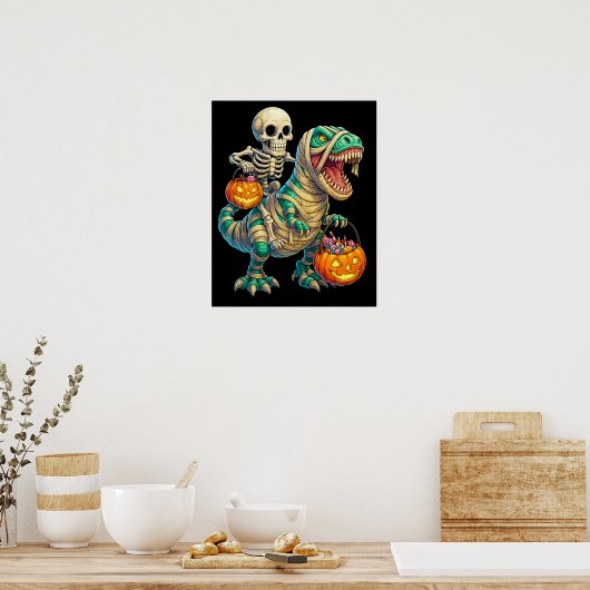 Whimsical Skeleton Riding Mummy T-Rex Halloween Poster (Küche)