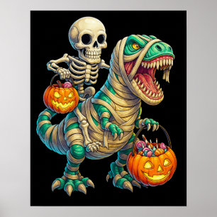 Whimsical Skeleton Riding Mummy T-Rex Halloween Poster