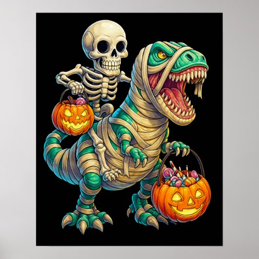 Whimsical Skeleton Riding Mummy T-Rex Halloween Poster (Vorne)