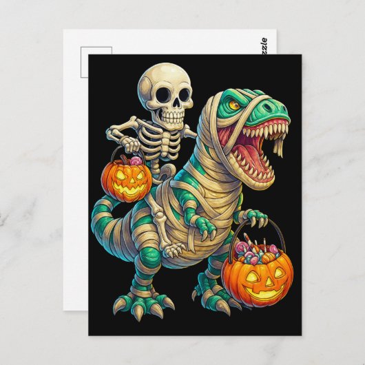 Whimsical Skeleton Riding Mummy T-Rex Halloween Postkarte (Vorne/Hinten)