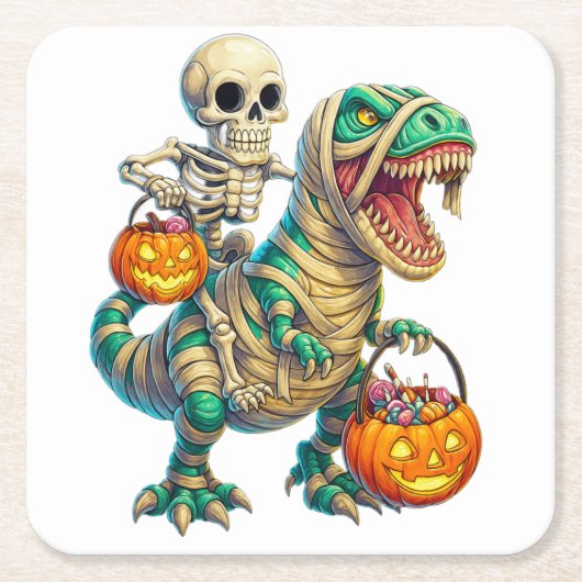 Whimsical Skeleton Riding Mummy T-Rex Halloween Rechteckiger Pappuntersetzer (Vorderseite)