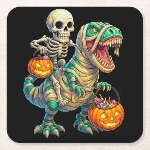Whimsical Skeleton Riding Mummy T-Rex Halloween Rechteckiger Pappuntersetzer
