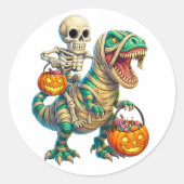 Whimsical Skeleton Riding Mummy T-Rex Halloween Runder Aufkleber (Vorderseite)