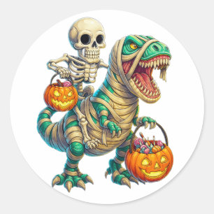 Whimsical Skeleton Riding Mummy T-Rex Halloween Runder Aufkleber