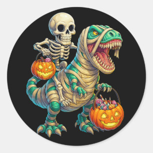 Whimsical Skeleton Riding Mummy T-Rex Halloween Runder Aufkleber