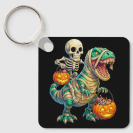 Whimsical Skeleton Riding Mummy T-Rex Halloween Schlüsselanhänger