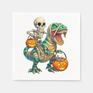 Whimsical Skeleton Riding Mummy T-Rex Halloween Serviette