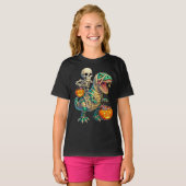 Whimsical Skeleton Riding Mummy T-Rex Halloween T-Shirt (Vorne ganz)
