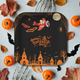 Whimsical Skelett Flying Airplane Halloween-Party Pappteller