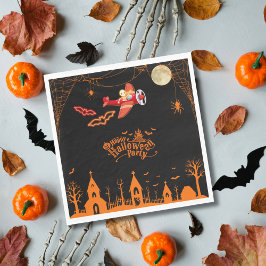 Whimsical Skelett Flying Airplane Halloween-Party Serviette