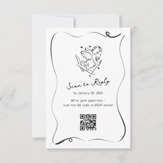 Whimsical Ski Cupid QR Code Hochzeit RSVP Karte (Vorderseite)