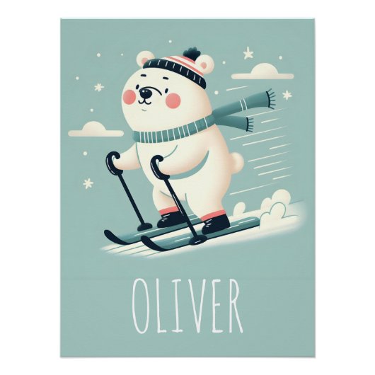 Whimsical Ski Niedlicher Polar Bär Personalisiert Poster (Vorderseite)