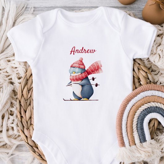Whimsical Ski Penguin Baby Bodysuit Baby Strampler
