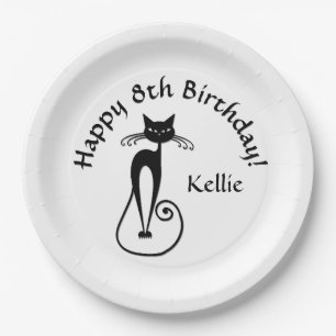 Whimsical Skinny Black Cat Geburtstagsnamenalter Pappteller
