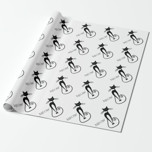 Whimsical Skinny Black Cat MEOW Geschenkpapier (Ungerollt)