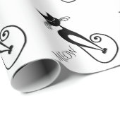 Whimsical Skinny Black Cat MEOW Geschenkpapier (Rolleneckpunkt)