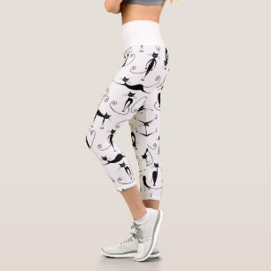 Whimsical Skinny Black Cat Muster Capri Leggings
