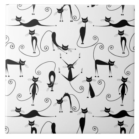 Whimsical Skinny Black Cat Muster Fliese (Vorderseite)