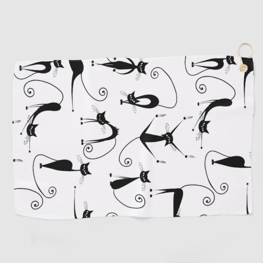 Whimsical Skinny Black Cat Muster Golfhandtuch (Horizontal)